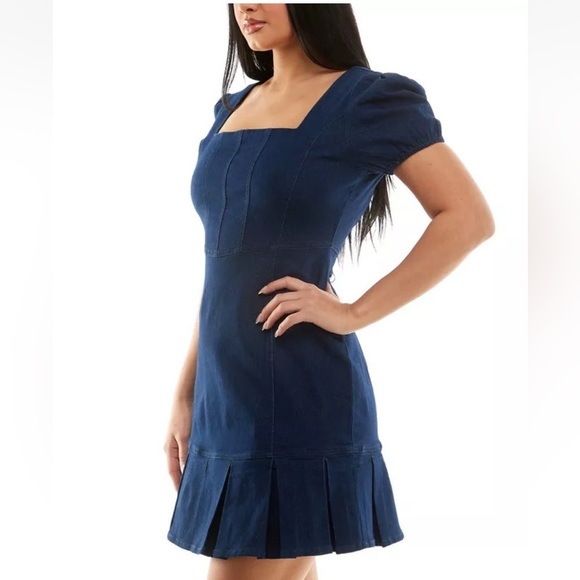 Planet Gold Women's Juniors' Puff-Sleeve Denim Dress (Navy, Medium) - Picture 2 of 11
